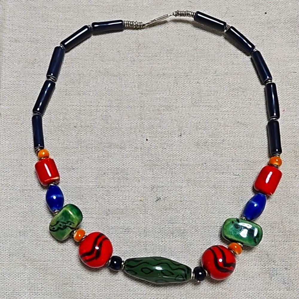 Vintage African Trade Beads Handmade Blue Glass Tribal Necklace OOAK